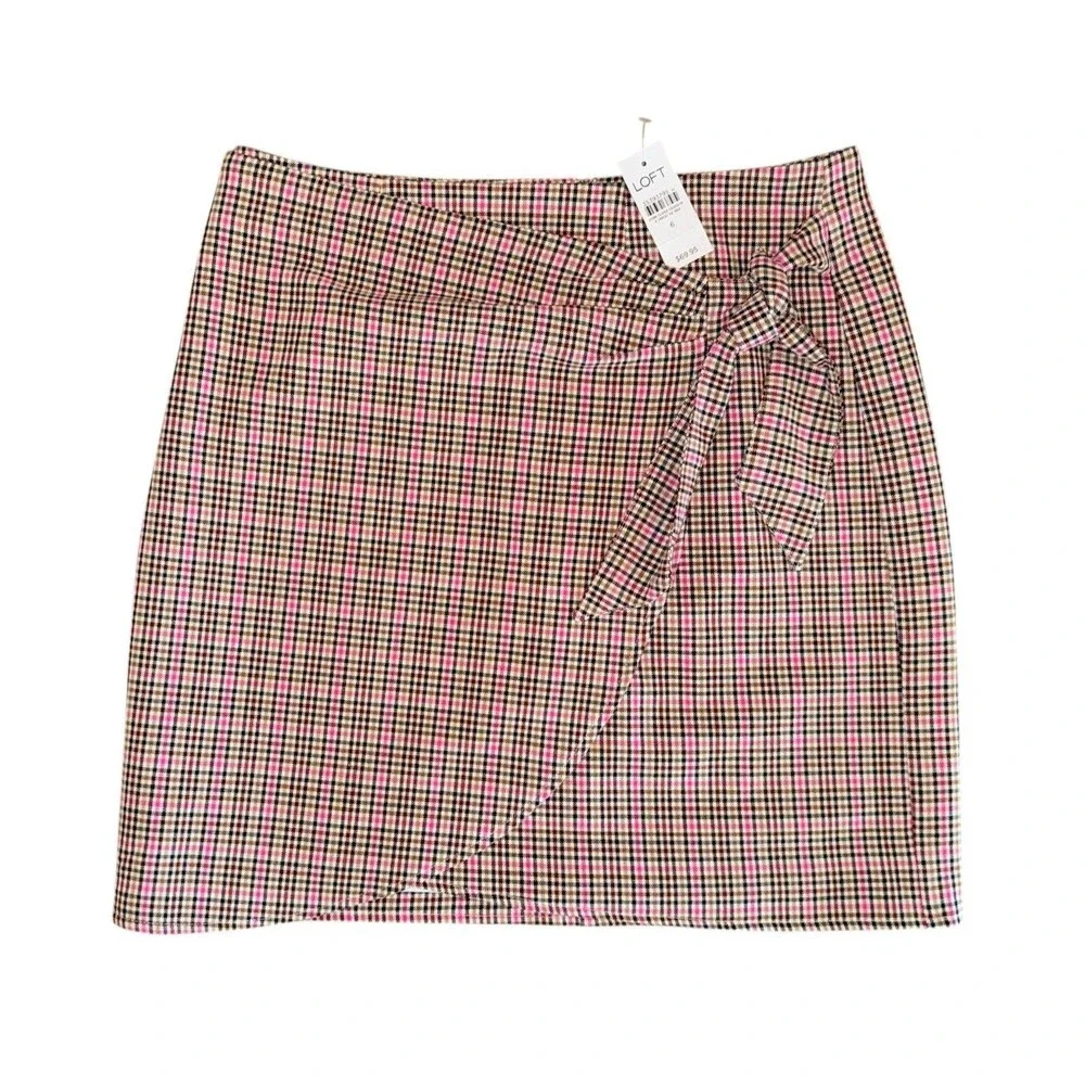 NWT LOFT Ann Taylor Pink Black Tan Plaid Tie Front Faux Wrap Mini Skirt Size 6